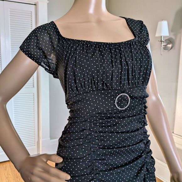 Vintage Y2K Polka Dot Mini Dress Mesh Milkmaid Whimsigoth Handkerchief Hem Large - Picture 5 of 12